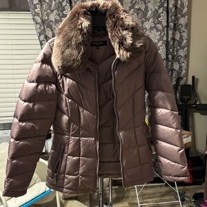 Bernardo Taupe Puffer Jacket with Faux Fur Collar
